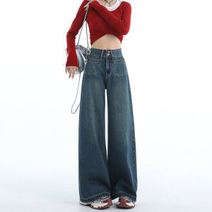 S-2XL Wanita Celana Jeans Celana Panjang Pinggang Tinggi Lurus Celana Kaki Lebar Desain Kancing Ganda