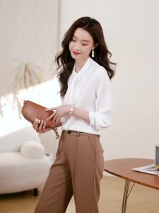 AMMIN French Elegant Design Ribbon Bow Tie Stand Collar Long Sleeve Simple Chiffon Shirt Womens 2025 Spring New Purple Long Sleeve Ruffle Stitching Single Breasted Elegant Blouse