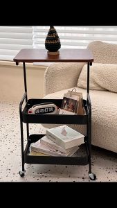 3 Tier Trolley Cart With Wheels Metal Kitchen Storage Rack Wooden Tabletop Movable Bedside Table Organize Household Rolling Storage Self For Kitchen Office Bedroom