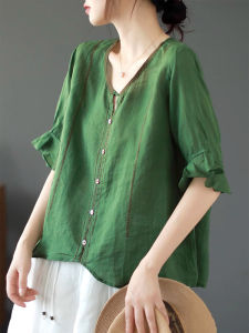 Ramie V-Neck Embroidered Oversized Short Sleeve T-Shirt