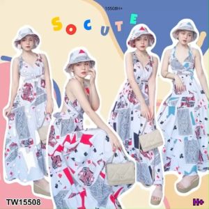 แม็กซี่เดรส, คอลายไพ่ Cardigan Halter Neck Maxi Dress - B15508