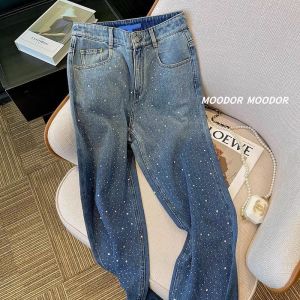 High Waist Wide Leg Straight Cut Diamond Embellished Illusory Heightening Jeans Premium Womens Fashion Autumn New Arrival