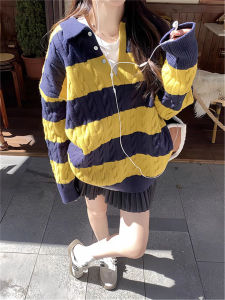 QIAONIAOGE | Ladies Autumn Winter Loose Knitted Sweater V-Neck Striped Long Sleeve Vintage Korean Style Yarn Color Block Casual Top