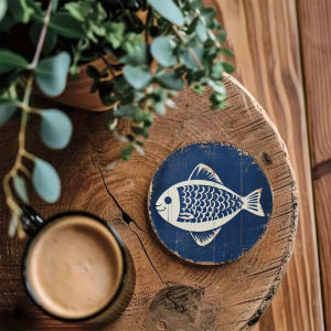 1pc Funny Fish-Shaped Wooden Coaster 3mm Interesting Design White Lines Blue Background Seaside Restaurants Durable Summer Gift