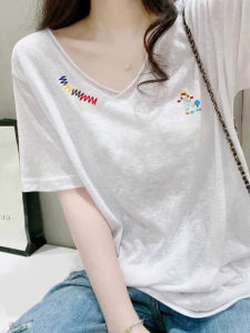 White Snow Cotton Loose V-Neck Design See-Through Short Sleeve T-Shirt