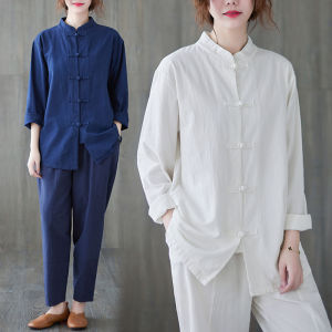 Chinese Style Pure Color Linen Long Sleeve Open-front Shirt
