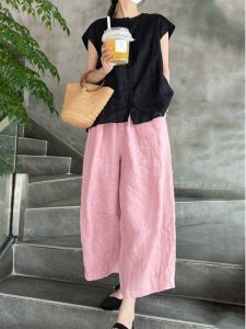 Minimalist Cotton-Linen Set for Women Natural Color Blouse and Wide Leg 3/4 Trousers