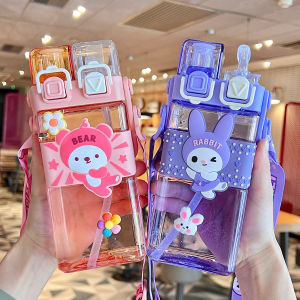 Portable Childrens Square Water Bottle with Straw Kindergarten School Bag Special Use Drink Jug Cute Style PC+PP+Silicone