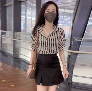 Striped Short Sleeve Chiffon Blouse Looseness 2024 New Summer Korean Style Fashion Design Polo Collar