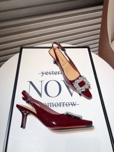 Wine Red High Heel Wedding Shoes New Style Single Strap Backless Diamond Embellished Womens French Style Square Head Sandals