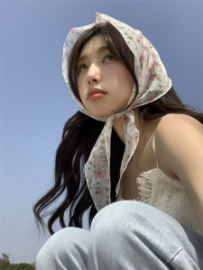 ผ้าพันคอไหมลายดอกไม้บางสำหรับผู้หญิง ผ้าพันคอสามเหลี่ยมสไตล์เกาหลี ผ้าพันคอตกแต่งฤดูใบไม้ผลิและฤดูใบไม้ร่วง