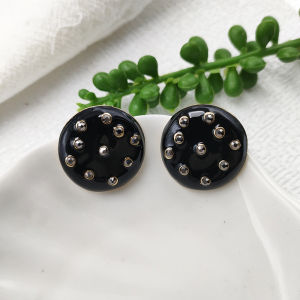 Fashionable Black Drip Oil round Silver Needle Stud Earrings Stylish Alloy Embedded Artificial Gem Womens Jewelry B861