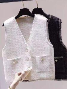 Womens Knitted Mink Vest Spring Autumn 2025 New Small Fragrance Style Sweater Vest Shoulder Bared Short Outerwear Top