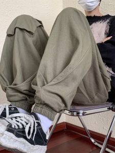 กางเกงทำงานลายทางสไตล์อเมริกันทรงหลวมเอวกลาง กางเกงขายาวทรงหลวมสไตล์ฮาราจูกุสำหรับเด็กผู้ชาย