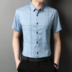 ROMON | Áo sơ mi nam Lormen tay ngắn bằng lụa băng mùa hè mỏng công sở sọc thường ngày không cần ủi chuyên nghiệp quần áo bảo hộ lao động ngoài trời