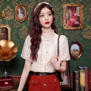Blouses Women New Chinese Style Button Up Short Sleeved Shirt with Standing Collar At The Ear Bubble Sleeves New Embroidered Top