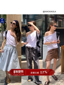 เสื้อยืดคอกลมแขนสั้นสีขาวสไตล์ฤดูร้อน ทรงหลวม คอวี ทรงหลวม ใส่สบาย สไตล์หวานๆ สำหรับสาวๆ