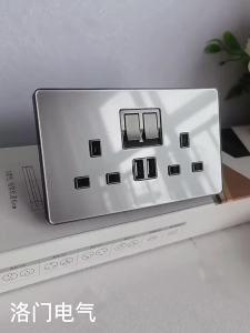 UK 13A Doublel usb electrical outlet wall Led light switchGray Glass Universal Type-c 18W Smart Fast Charging Power Socket plug