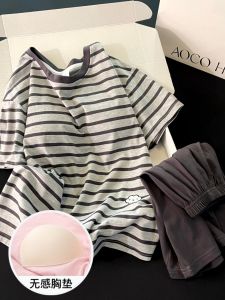 Womens Summer Sleepwear Set Pure Cotton Short Sleeve Cool Feeling Large Size with Chest Pad Can Be Worn outside Grey Stripes