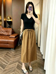 Elegant Youthful Set Silk Blend T-Shirt V-neck Half Skirt