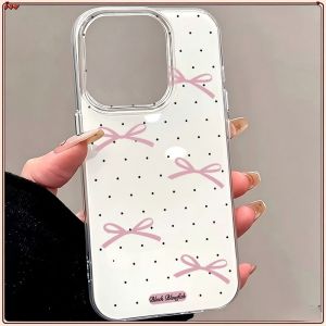 Sweet Pink Bow Black Polka Dot Clear Phone Case For iPhone 16 15 14 13 12 11 Pro Max Soft Shockproof Cover