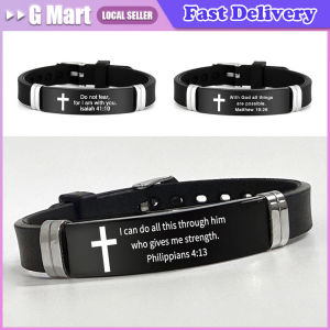 Bible Silicone Bracelet Christian Cross Bible Verse Bracelet Black Stainless Steel Inspirational Faith Bracelets for Men Women J