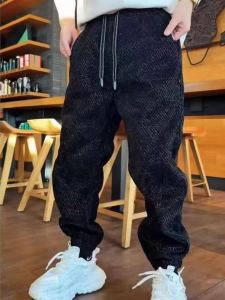 Mens Winter Thickened Fleece Lined Casual Pants Particle Velvet Trousers Fashionable Loose Fit Youthful Style Polyester Fabric