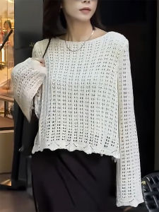 QINGNAER | Casual Loose Large Size Womens Knitwear White Hollow Out Round Neck Pullover