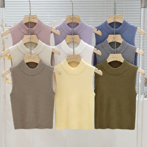 Áo Len Dệt Kim Không Tay Cổ Cao Nửa Cao Ngắn Ôm Vừa Vặn Cho Nữ Mùa Xuân Thu Áo Lót Bên Trong Áo Phông