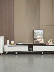 Theomnidesk Luxury Retractable TV Stand with Adjustable Storage Marble Pattern Easy-Clean Scratch-Resistant Waterproof Matte Finish for Modern Living Room