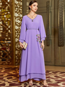Elegant Pure Color Long Sleeve V-Neck Gown Dress Womens Arab Robe Dress Middle East Purple Maxi Dress for Ladies