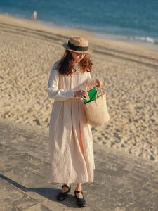 French Vintage Cotton Linen Embroidered Gentlewoman Dress Loose Waist Long Skirt Backless round Neck A-Line Gown for Spring