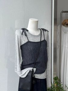 ชุดเสื้อยืดแขนยาวผู้หญิง ชุดสองชิ้น ทรงสลิมฟิต สีเทา คอกลม แฟชั่นฤดูใบไม้ผลิและฤดูใบไม้ร่วง ผ้าโพลีเอสเตอร์ 81% - 90%