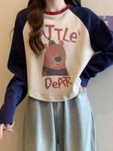 เสื้อยืดแขนยาวทรงหลวมสไตล์เกาหลีสำหรับผู้หญิง ฤดูใบไม้ร่วง เสื้อเชิ้ตคอกลม เสื้อชั้นในแบบลำลอง เสื้อผ้าทำงาน ลายดอกไม้