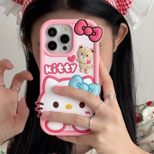 【New】Pink Bow Kitty Bear Pattern Anti-drop Liquid Silicone Phone Case with Bracelet For iPhone 6 7 8 X XS XR 11 12 13 14 15 16 Series