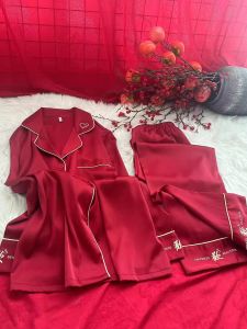 Red Birth Year Couple Pajamas High-End Wedding Ice Silk Long Sleeve Pants Bride Bridegroom Wedding Suit Send New Couple