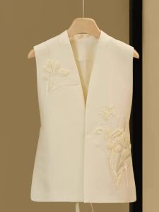 Elegant Autumn Womens Fashion New Chinese Style National Trendy Unique Personality Beige Vest Coat Polyester Fiber Blend