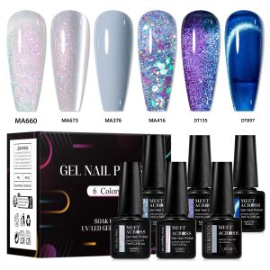 6 PC สะท้อนแสงเล็บเจลชุด Glitter สีชมพู Nude Blue HEMA ฟรียาวนาน UV/LED เล็บเคลือบเงาสําหรับการออกแบบเล็บ