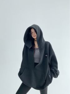 Oisis Chic American Vintage Thickened Hoodie Sweatshirt Women Loose Lazy Outerwear Embroidered Large V-neck Spring Streetwear