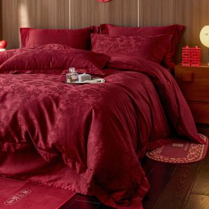 MANYILUN | Bộ Chăn Ga Gối Cotton Jacquard Đỏ 4 Món