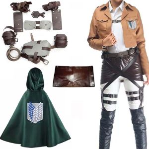 Shingeki no Kyojin Cosplay Costume Investigation Corps Cloak Uniform Recon Corps Belt Hookshot Levi Mikasa Eren Jaeger Full Set