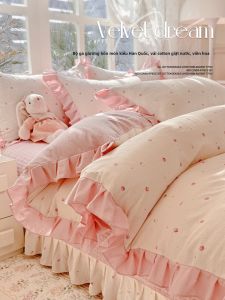 SHAYA | Bộ Đồ Chăn Ga Gối Hình Câu Công Chúa Họa Tiết Dâu Tây Hồng