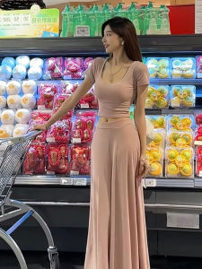 Strive U-Mei-zi plus Size Womens Fashion Summer Outfit Short Sleeve U-Neck T-Shirt And A-Line Midi Skirt Set High Waist