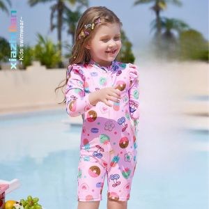 Trendy Childrens One-Piece Swimsuit Long Sleeve Swimming Suit Baby Girls Fashionable Sunscreen Beach Vacation Surfwear