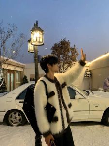 เสื้อคาร์ดิแกนถักขนกระต่ายสไตล์อเมริกันสำหรับผู้ชาย ฤดูใบไม้ร่วง/ฤดูหนาว อบอุ่น นุ่ม สบายๆ เสื้อถักคอตตอน