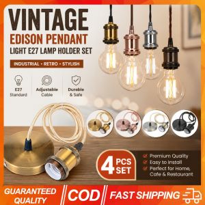 【Ready Stock】 Vintage Edison Pendant Light E27 Lamp Holder Set – Industrial Retro Suspension Wire Socket Copper & Aluminum Finish for Home Cafe Decor KEBIDU