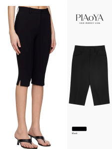 PIAOYA | High Waist Side Split Casual Capri Pants Black