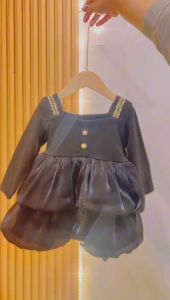 KID FASHION Dress Lengan Panjang Anak Perempuan Bahan Katun Knit Motif Polos Rok Satin Korean Style Usia 6-3 Tahun