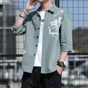ROMON | Romon Mens Summer Thin Cotton Casual Shirt Short Sleeve Loose Fit Denim Jacket Fashionable Urban Style Seven-Five Sleeve Shirt