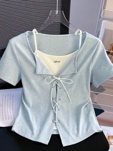 Slim Fit Short Sleeve Fake Two-Piece T-Shirt WomensStyle Details of PatchworkAnd KnotDesignKoreanVersion CottonPolyurethane Elastic FiberBlouse